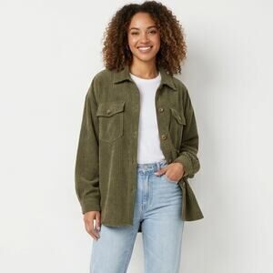 Shein Women's Corduroy Shacket Jacket Size L Olive Green Button Up Long Sleeve